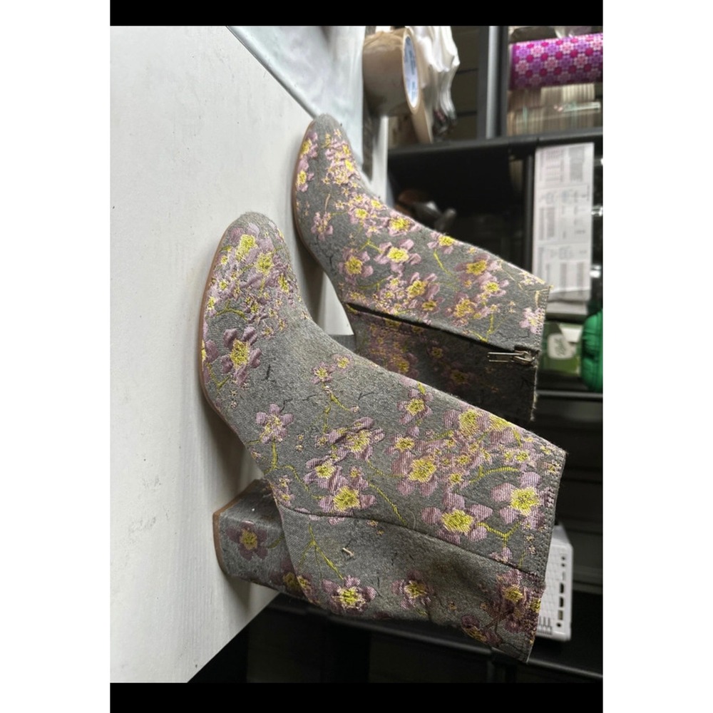 Zigisoho Nydia Grey Floral Tapestry Brocade Block Heel Ankle Boots Womens 9